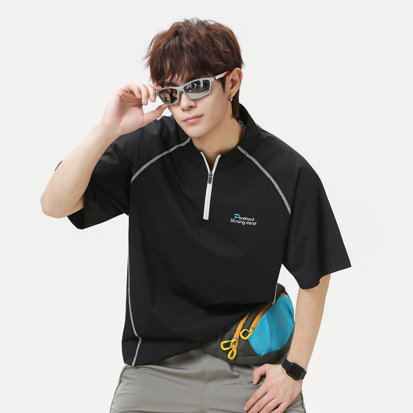 Camiseta Deportiva Hombre Medio Zip Premium
